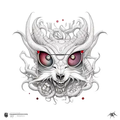 Mythical creatures in the style of trashpolka in shades of red and black tattoo design idea