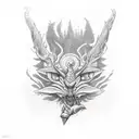 Mythical creatures in the style of trashpolka in shades of red and black tattoo design idea