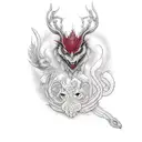 Mythical creatures in the style of trashpolka in shades of red and black tattoo design idea