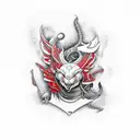 Mythical creatures in the style of trashpolka in shades of red and black tattoo design idea