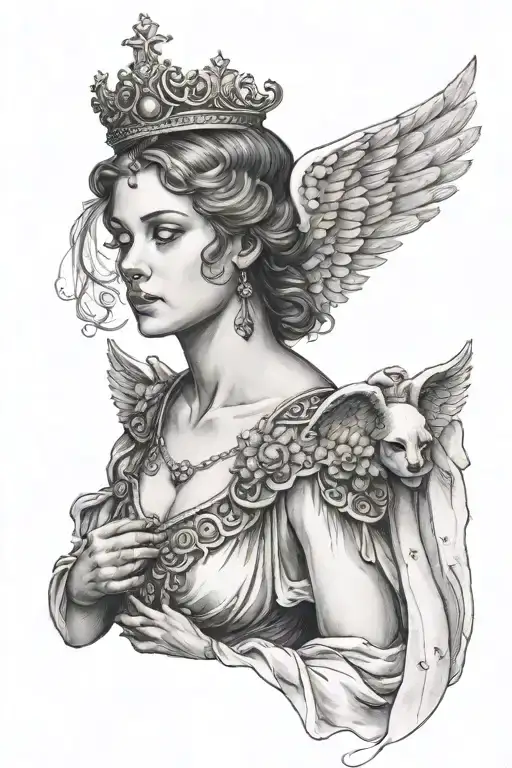 female angel with a crown offering a realistic heart tattoo design idea