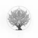 A tree growing out of a broken vase repaired with Kitsungi gold scars tattoo design idea