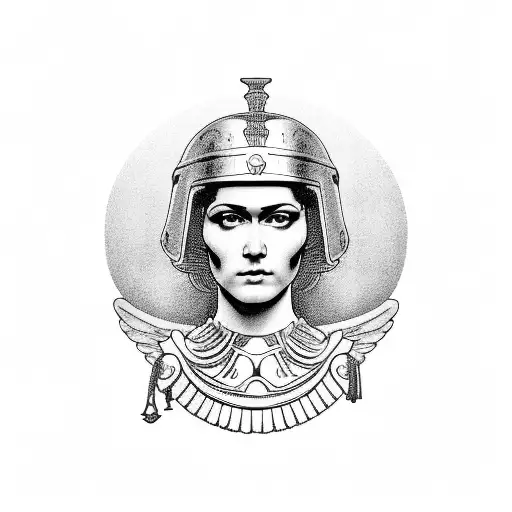 a raven perched on the shoulders of the bust of the goddess Pallas Athena wearing her helmet. tattoo design idea