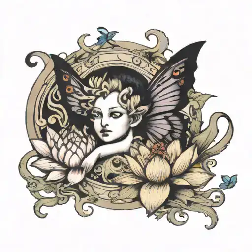 arm sleeve with a lotus flower, abuse survivor symbol, Medusa, and a semi colon butterfly  tattoo design idea