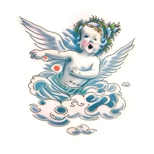 cherub in clouds tattoo design idea