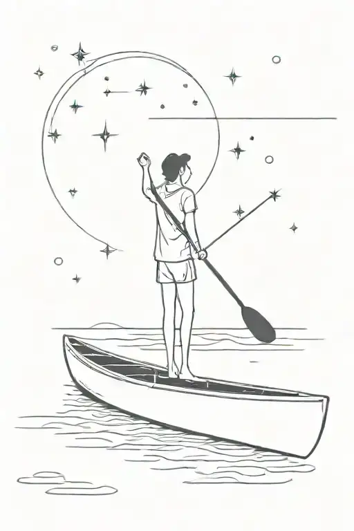person standing on canoe with paddle, gazing at stars tattoo design idea