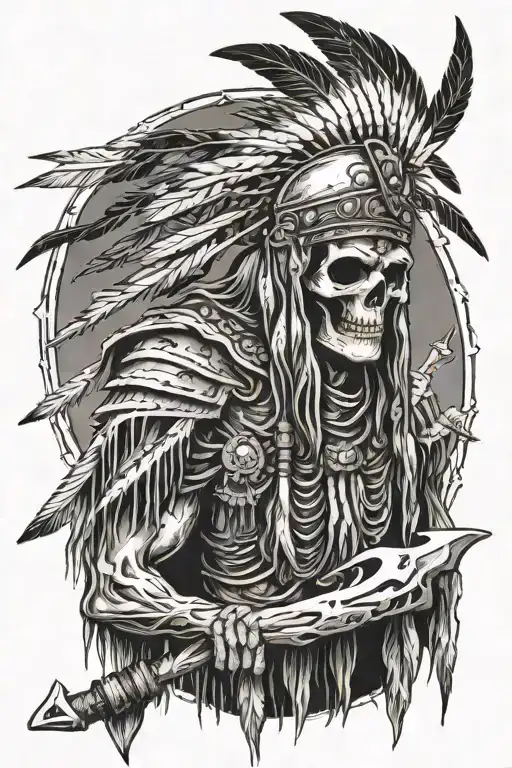 Native American grim reaper, skinny, rotting flesh, tomahawk scythe, hooded feather headdress tattoo design idea