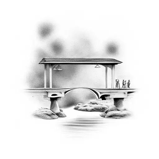 Small bridge on fire in black and white tattoo design idea