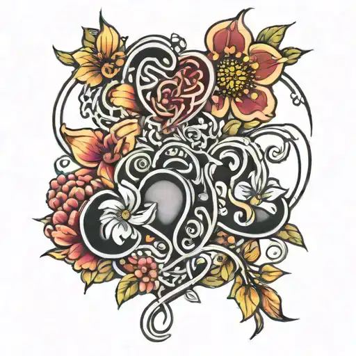 4 hearts and flowers intertwined tattoo design idea