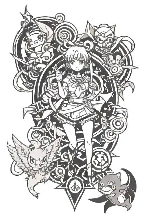 ducktails, sailor moon, naruto, pokemon tattoo design idea