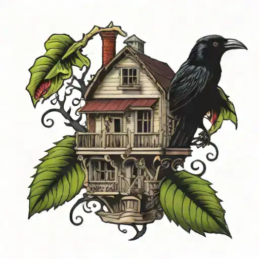 raven haunted house Venus fly trap tattoo design idea