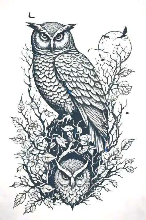 A hauntingly beautiful tattoo of a moonlit forest filled with owls, corvids, and eerie plants tattoo design idea