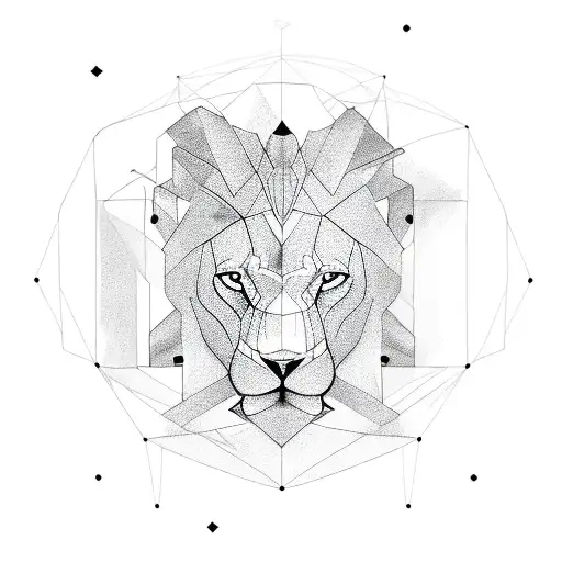 Hexagon at elbow, spiraling polygons down forearm, geometric waves at wrist, ending with stylized lion's head on hand. tattoo design idea
