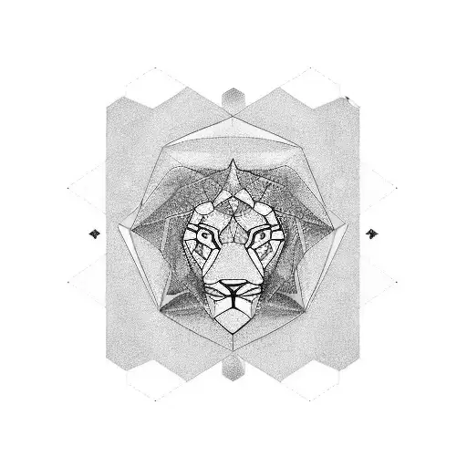 Hexagon at elbow, spiraling polygons down forearm, geometric waves at wrist, ending with stylized lion's head on hand. tattoo design idea