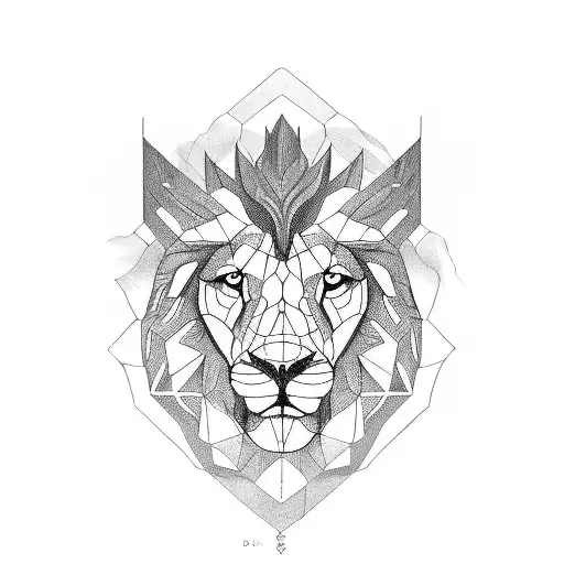 Hexagon at elbow, spiraling polygons down forearm, geometric waves at wrist, ending with stylized lion's head on hand. tattoo design idea