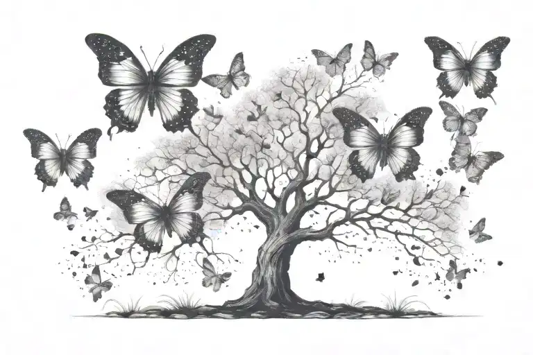 a tree with 3 butterflies flying away   tattoo design idea