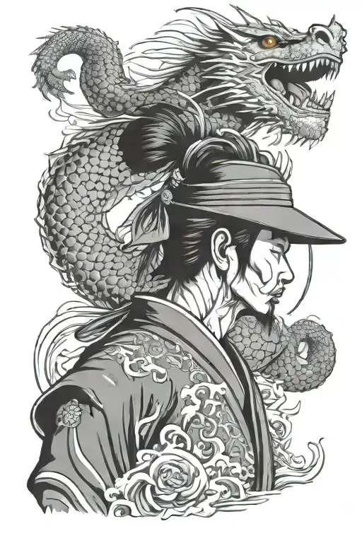 samurai warrior with dragon wrapped tattoo design idea