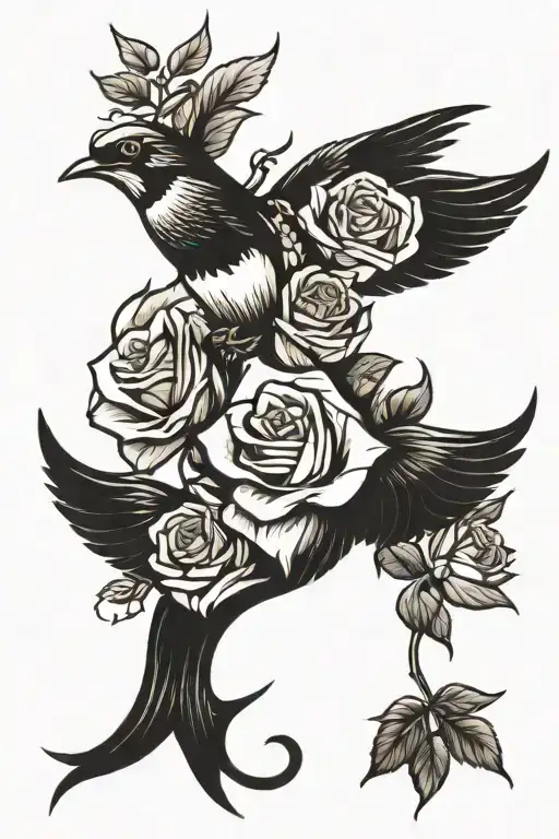 swallow bird and roses in fire flames tattoo design idea