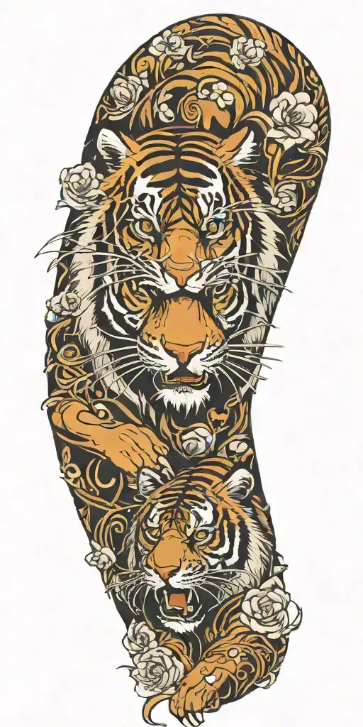 japanese tiger pauldron and full sleeve starting in traditional style and the sleeve transitioning to abstract tattoo design idea