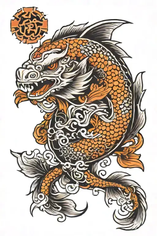japanese koi dragon pauldron and full sleeve starting in traditional style and the sleeve transitioning to abstract tattoo design idea