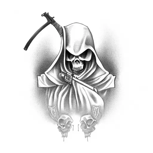 cloaked grim reaper with guns akimbo on hip tattoo design idea
