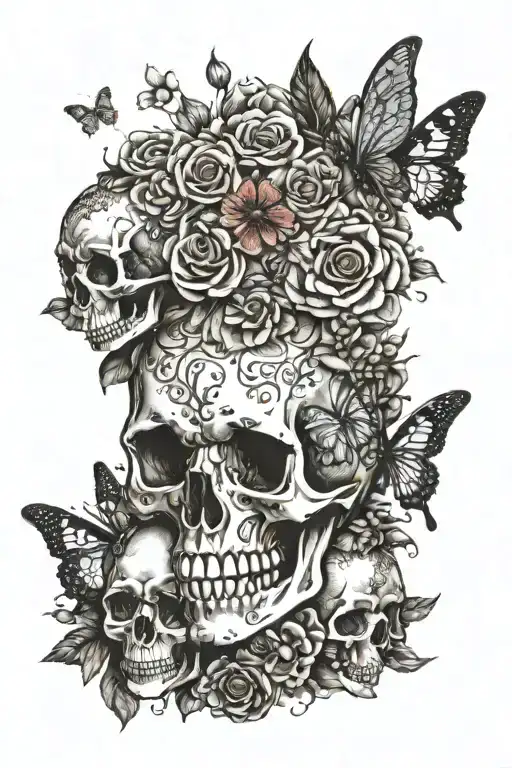 A bouquet of flowers where the centers are replaced by small, detailed skulls, with a few butterflies landing on the pet tattoo design idea