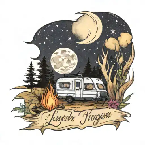 bonfire, crescent moon and stars, wildflowers, and has the word linger in camper handwriting  tattoo design idea
