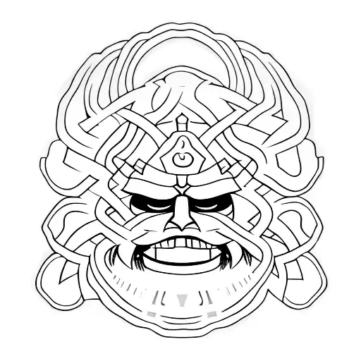 A minimalistic AKU AKU mask with binary code flowing around it tattoo design idea