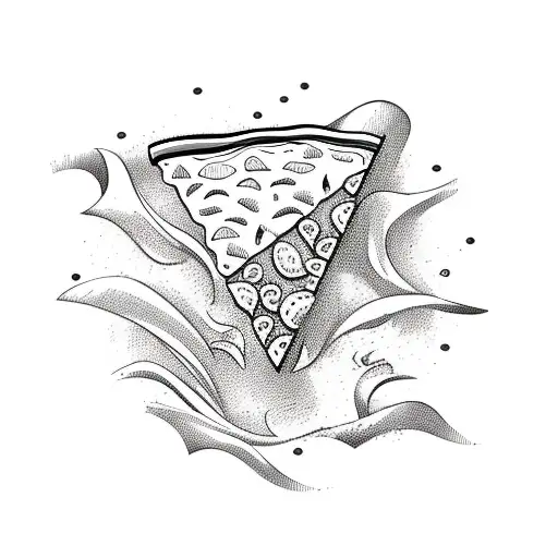 Pizza slice with skate wheels and a beach scene in the background tattoo design idea