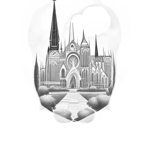 Blackwork tattoo of a gothic cathedral surrounded by greenery tattoo design idea