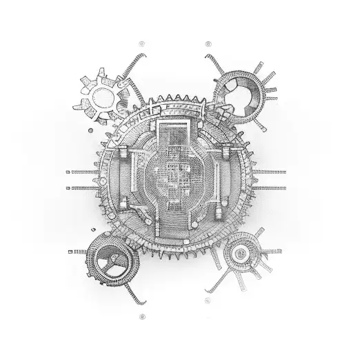 Abstract design of a computer chip with gears and wrenches intertwined, symbolizing the collaboration between engineers and computer scientists tattoo design idea
