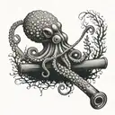 An octopus wrapping its tentacles around a baseball bat in a forest setting tattoo design idea