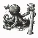 An octopus wrapping its tentacles around a baseball bat in a forest setting tattoo design idea