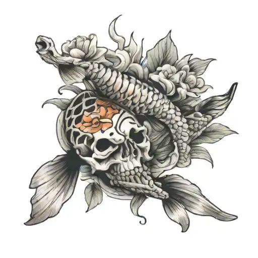 skeleton hand and koi fish swimming tattoo design idea