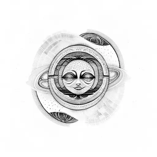 Black hole, sun, and moon above abstract waves tattoo design idea