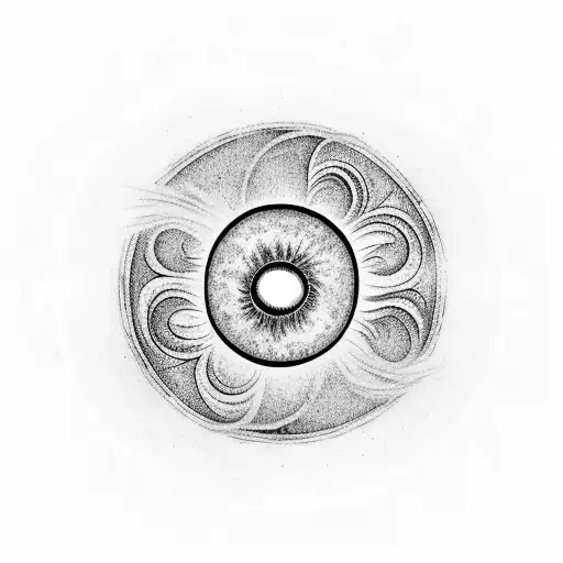 staggered black hole, sun, and moon above a horizon of abstract waves tattoo design idea