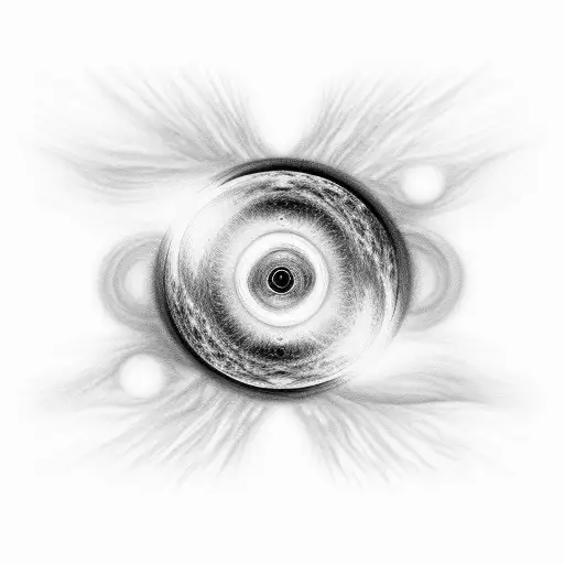 Black hole, sun, and moon above a horizon of abstract waves tattoo design idea