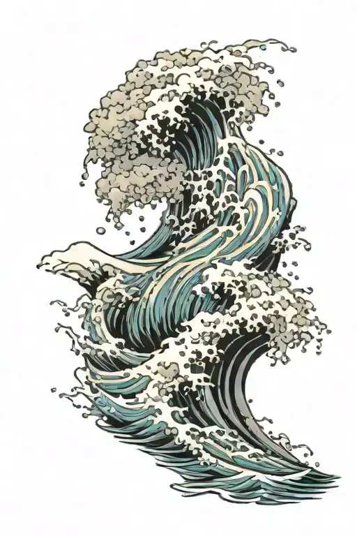 crashing waves and rocks and bite marks in an irezumi style tattoo design idea