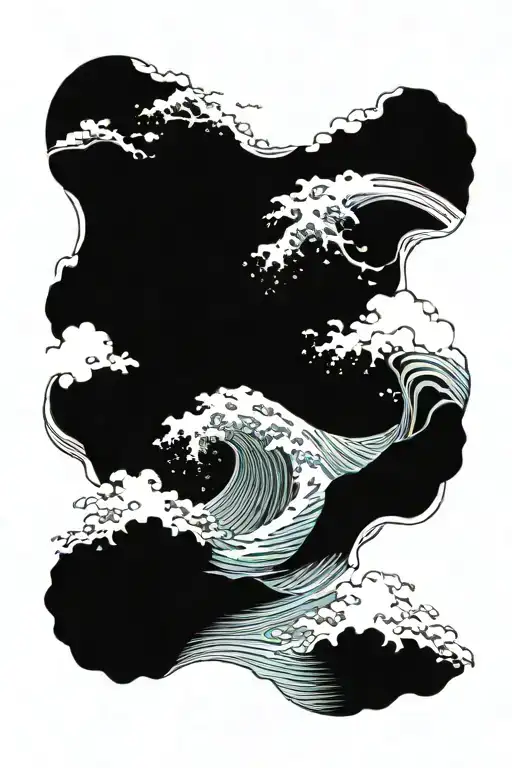 crashing waves and rocks and bite marks in an irezumi style tattoo design idea