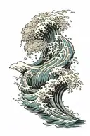 crashing waves and rocks and bite marks in an irezumi style tattoo design idea