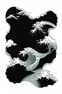 crashing waves and rocks and bite marks in an irezumi style tattoo design idea