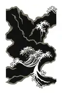 crashing waves and rocks and bite marks in an irezumi style tattoo design idea