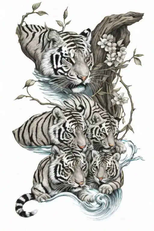 Cherry Blossum Forest with trail winding. 3 tiger cubs drinking water from a lake at the beginning. tattoo design idea