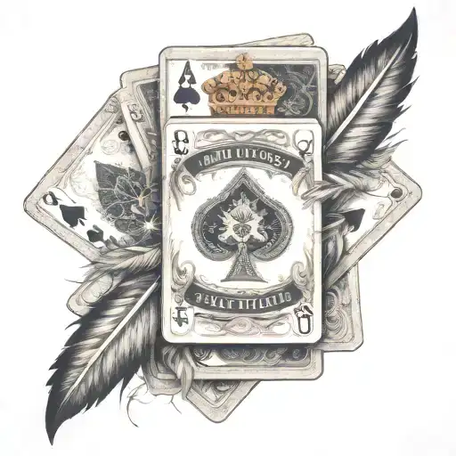 ace card, jack card and queen card with feathers in the middle  tattoo design idea