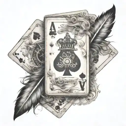 ace card, jack card and queen card with feathers falling tattoo design idea