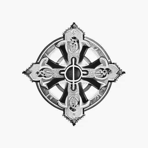 an Orthodox cross on a thread is woven into brass knuckles against the background of an Orthodox church from which roots tattoo design idea