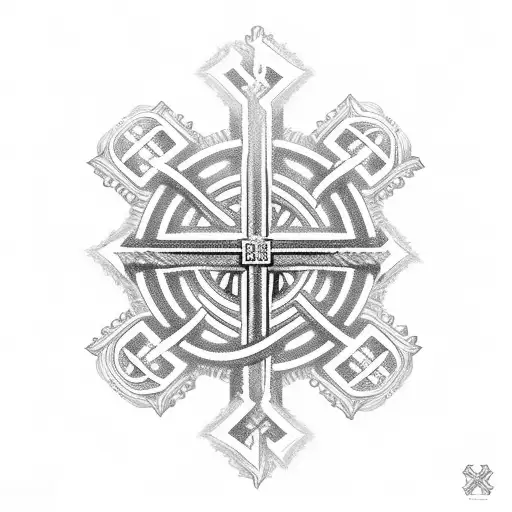 an Orthodox cross on a thread is woven into brass knuckles against the background of an Orthodox church from which roots tattoo design idea