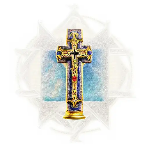 an Orthodox cross on a thread is woven into brass knuckles against the background of an Orthodox church from which roots tattoo design idea