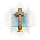 an Orthodox cross on a thread is woven into brass knuckles against the background of an Orthodox church from which roots tattoo design idea