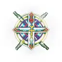 an Orthodox cross on a thread is woven into brass knuckles against the background of an Orthodox church from which roots tattoo design idea